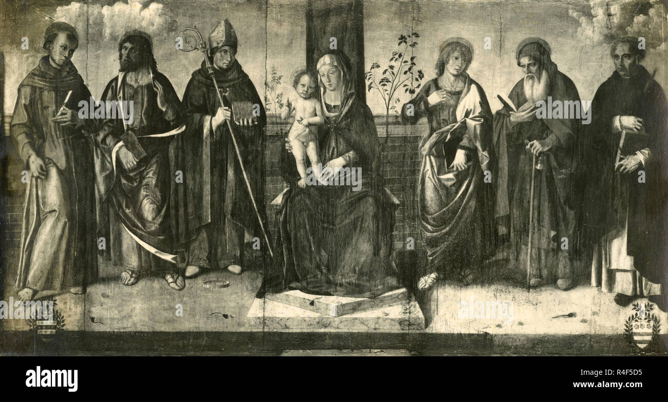 La Vergine in trono col Bambino tra i Santi, dipinto da Marco Palmezzano Foto Stock