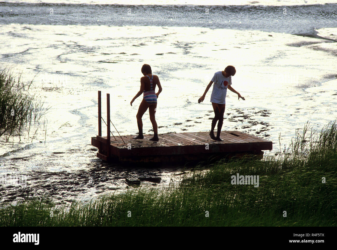 Giocando nel fango su un galleggiante a bassa marea in Boothbay, Maine, Stati Uniti d'America Foto Stock