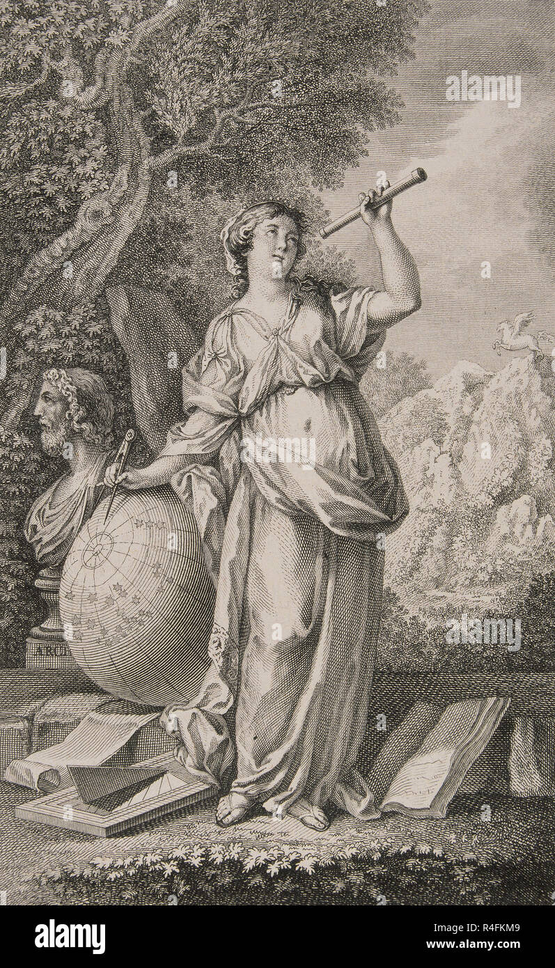 URANIA, ASTRONOMIA MUSE - incisione fatta da MORENO TEXADA - XIX secolo. Autore: PARET Y ALCAZAR, Luis. Posizione: Collezione privata. MADRID. Spagna. Foto Stock