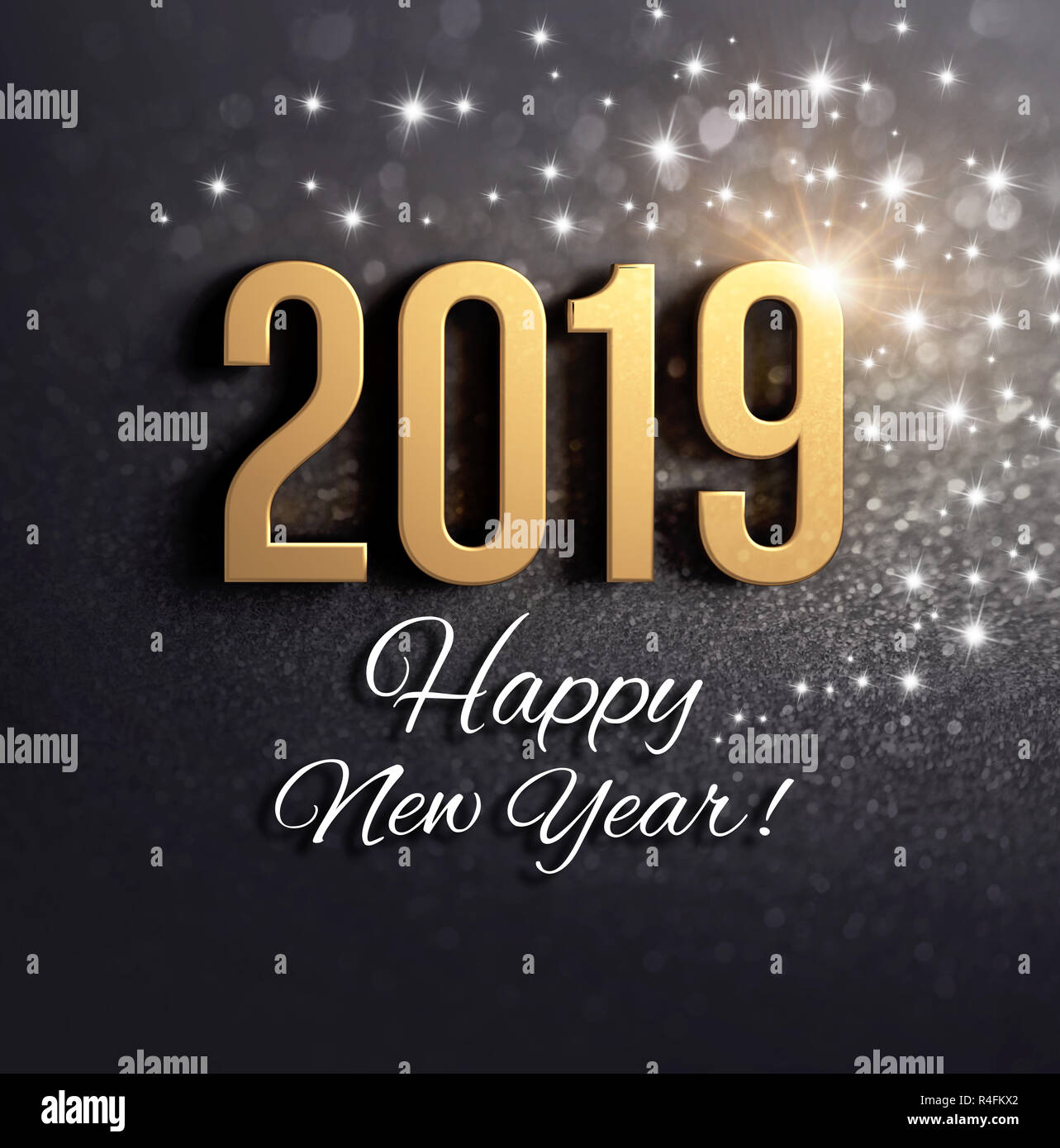Felice Anno Nuovo saluti e 2019 data numero colorati in oro, su una festosa sfondo nero con brillantini e stelle - 3D illustrazione Foto Stock