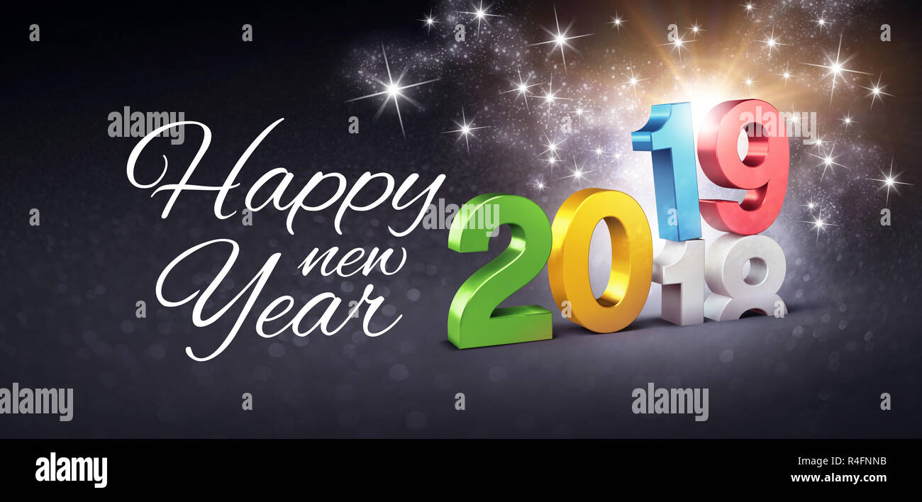 Felice saluti e nuovo anno 2019 data colorati numero, al di sopra di fine anno 2018, scintillanti su una festosa sfondo nero - 3D illustrazione Foto Stock