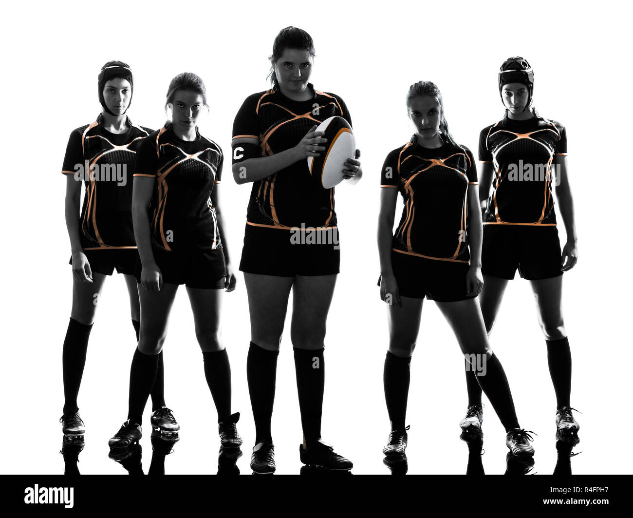 Rugby donne squadra di giocatori in silhouette isolato su bianco backround Foto Stock