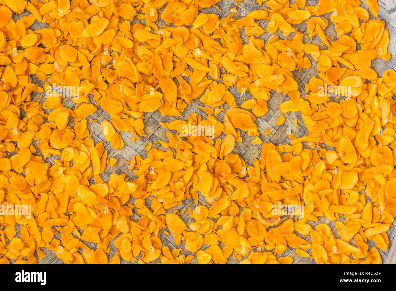 Abstract soft focus agricoltore pratica fetta tagliata di Zingiber,Curcuma radice di zenzero Cassumunar, radice di bengala,Zingiberaceae, curcuma per asciugatura.Il locale f Foto Stock