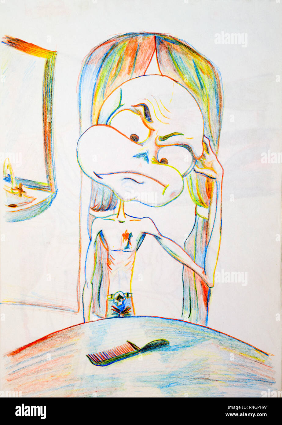 Hero distrofiche guardando a pettine e graffi la sua testa. Uomo calvo pensare, perché egli pettine Foto Stock