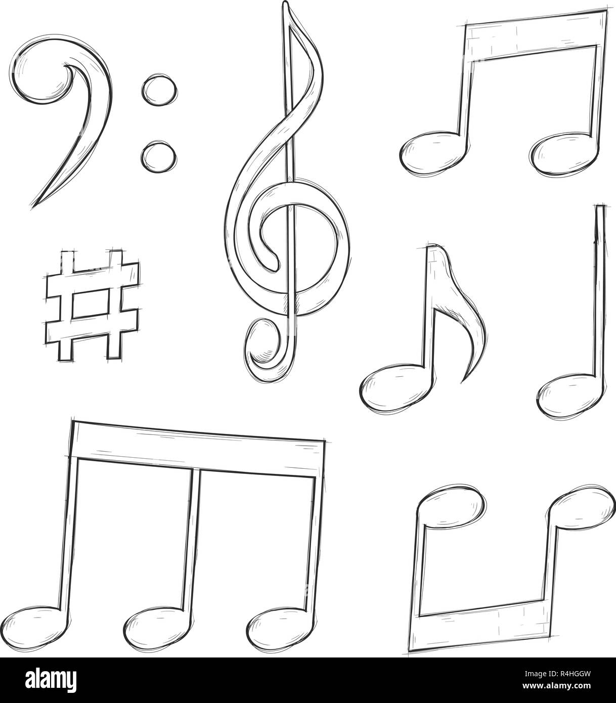 Segni di musica. Le note ed i simboli isolati su sfondo bianco. Mano bozzetto Illustrazione Vettoriale