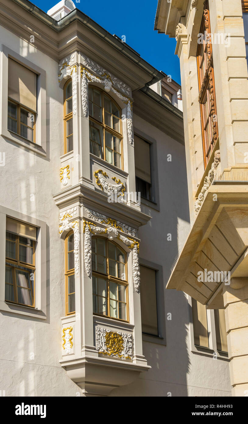 A Dresda, finestra di baia nella ricostruita casa Boseschen, Erker am rekonstruierten Boseschen Haus Foto Stock