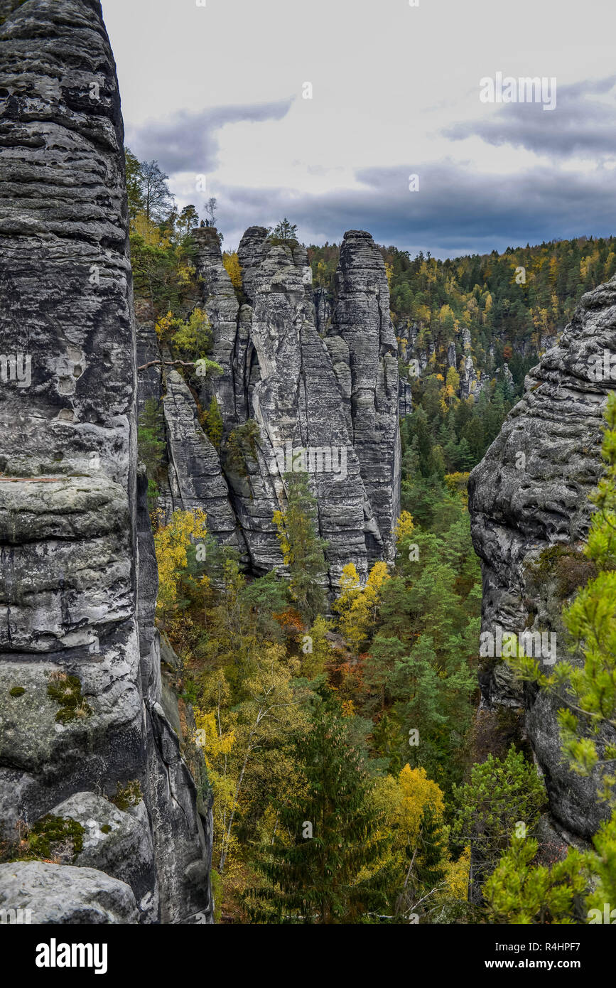 Bastione guardare alla formazione di roccia grande oca, Rathen, parco nazionale Svizzera Sassone, Sassonia, Germania, Basteiblick zur Felsformation Grosse Gans, Nat Foto Stock