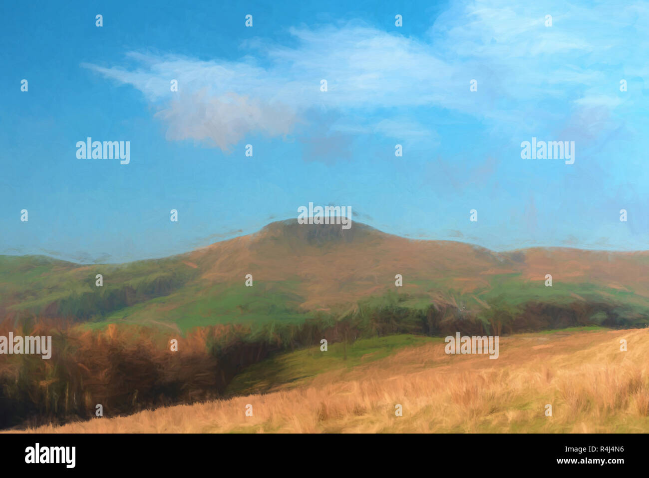 Un acquerello digitale della vista di una lontana Shutlingsloe hill nel Cheshire, il Parco Nazionale di Peak District, UK. Foto Stock