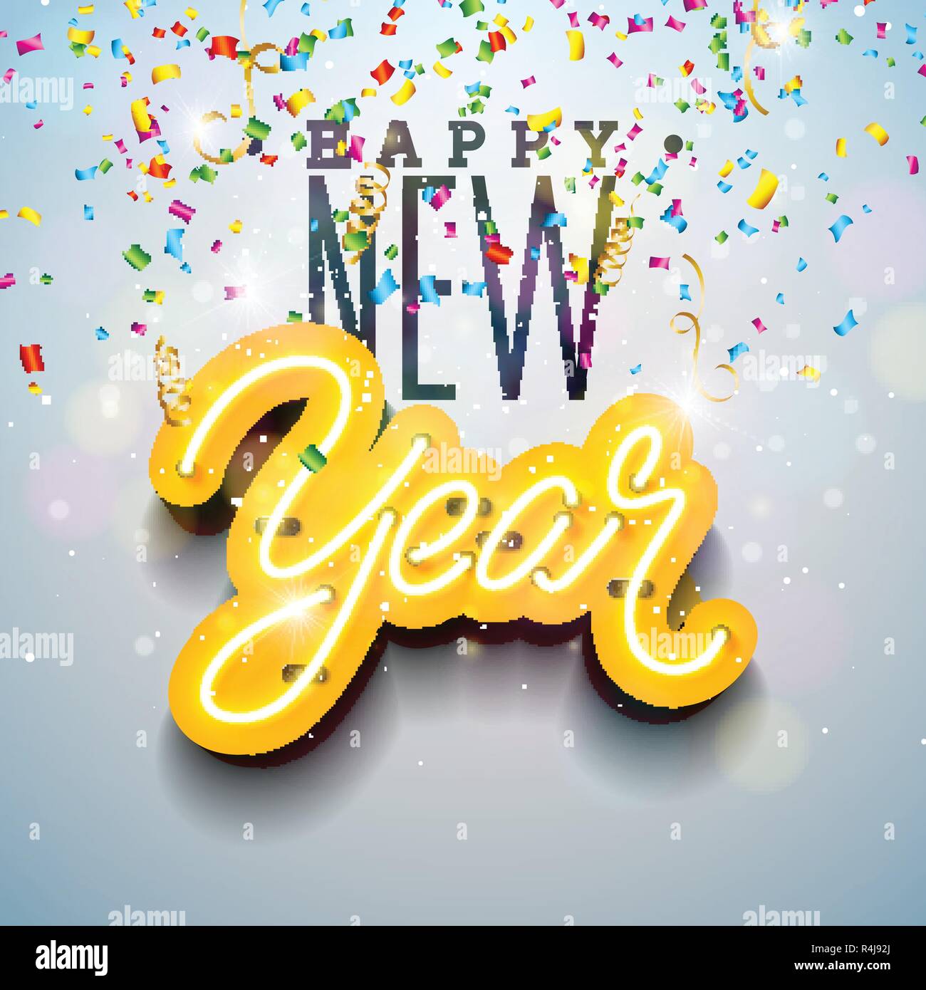 Illustrazione del 2019 Happy New Year con scritta luminosa Neon Light e Fall su sfondo bianco. Holiday Design per volantino, biglietto di auguri Illustrazione Vettoriale