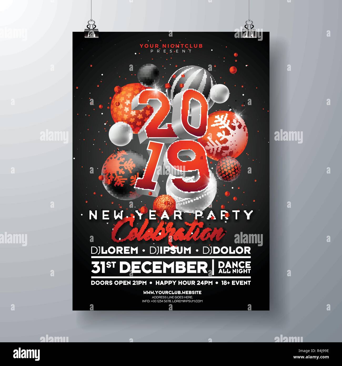 Illustrazione del modello del poster di festa di Capodanno con numero 3D 2019 e pallina di Natale su sfondo nero. Invito Vector Holiday Premium Illustrazione Vettoriale