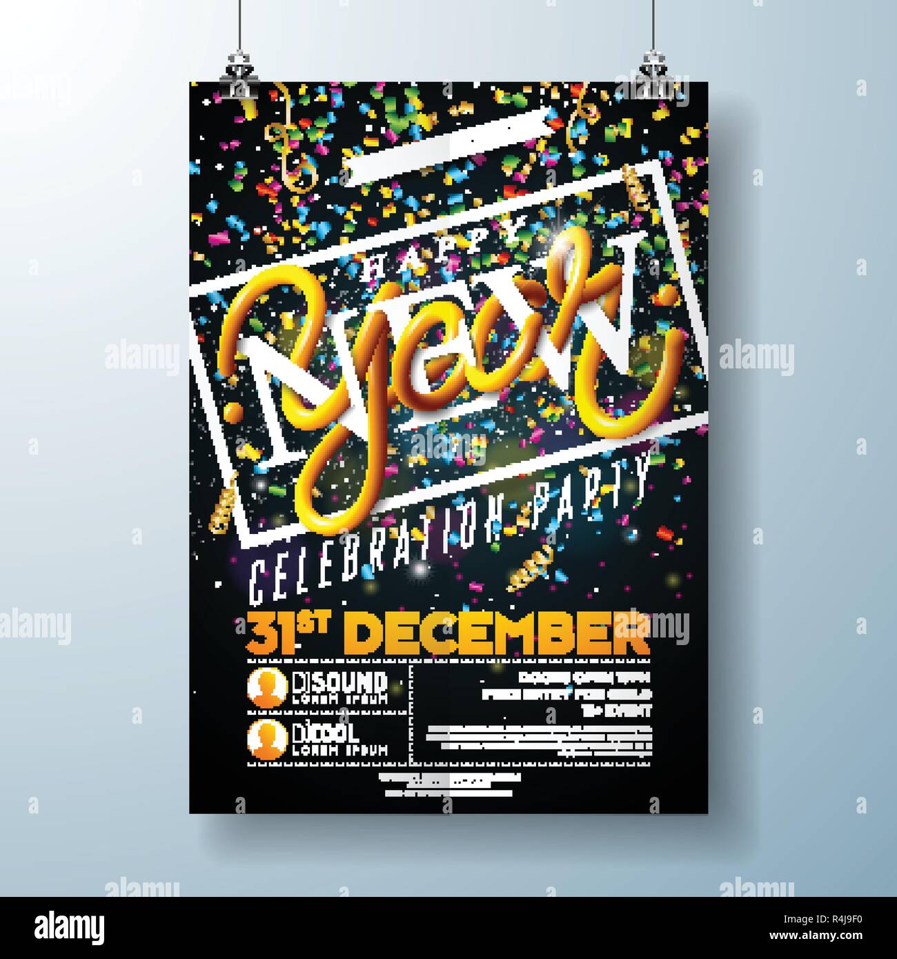 Happy New Year Party Celebration Flyer modello Illustrazione con Typography Design e Falling Confetti su sfondo nero. Vector Holiday Premium Illustrazione Vettoriale