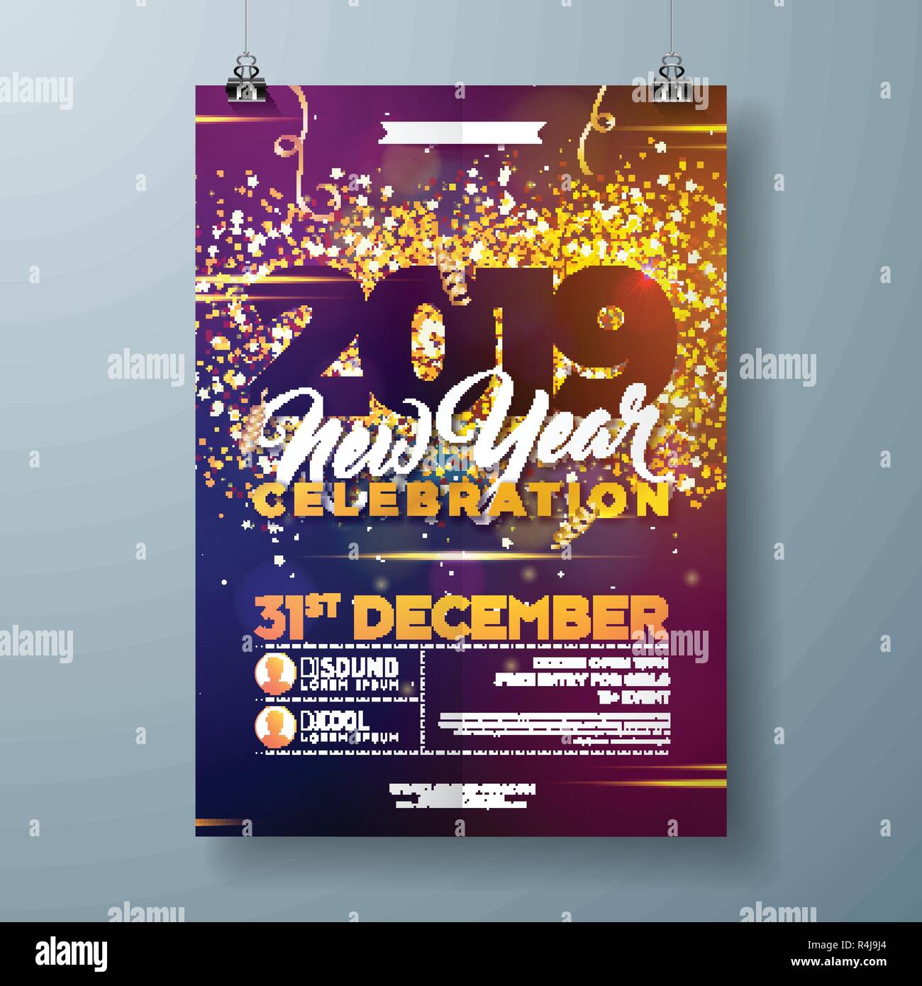 Illustrazione del modello del poster di festa di Capodanno 2019 con numero dorato glitterato e confetti colorati in caduta su sfondo lucido. Vettore Illustrazione Vettoriale