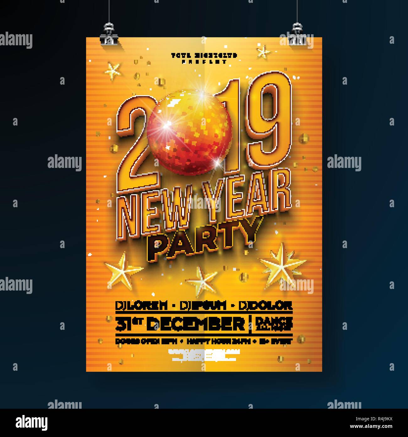 Design del modello del poster di festa di Capodanno con 3D 2019 numeri e pallone disco su sfondo giallo. Illustrazione Vector Holiday Premium per Illustrazione Vettoriale