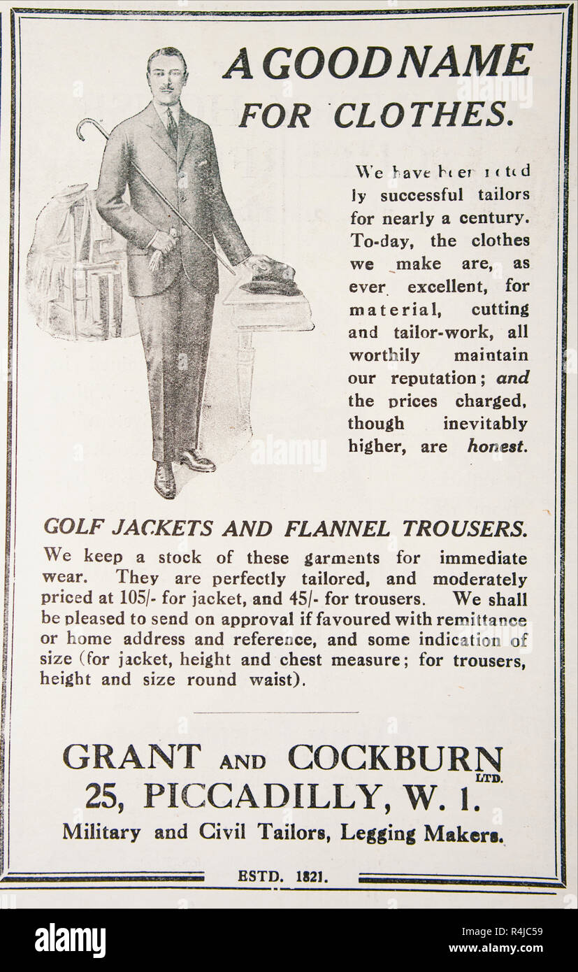 Un vecchio annuncio per concedere e Cockburn abbigliamento. Da un vecchio rivista britannica dal periodo 1914-1919. Foto Stock