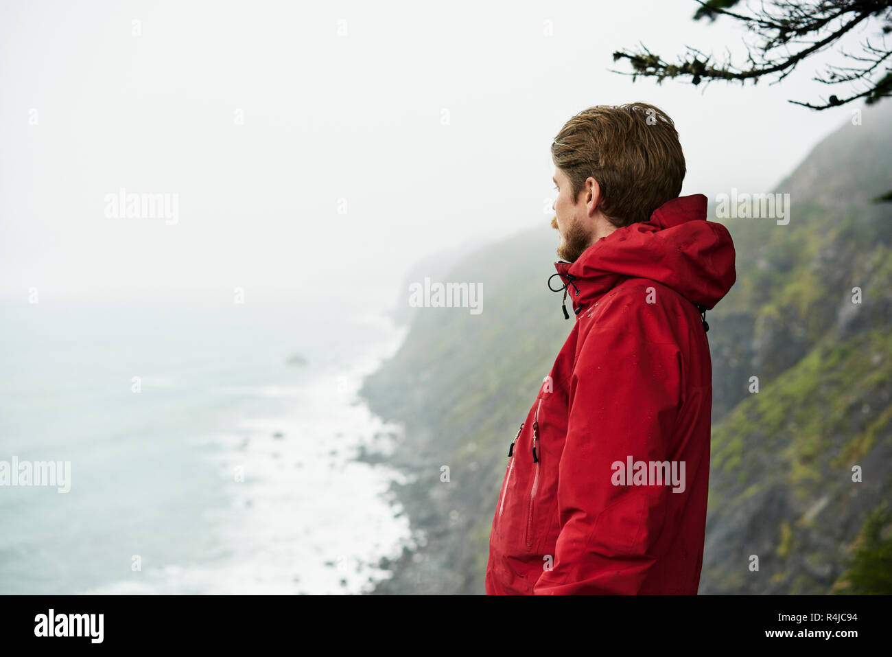 Uomo in piedi sulla scogliera a Big Sur in California, Stati Uniti d'America Foto Stock