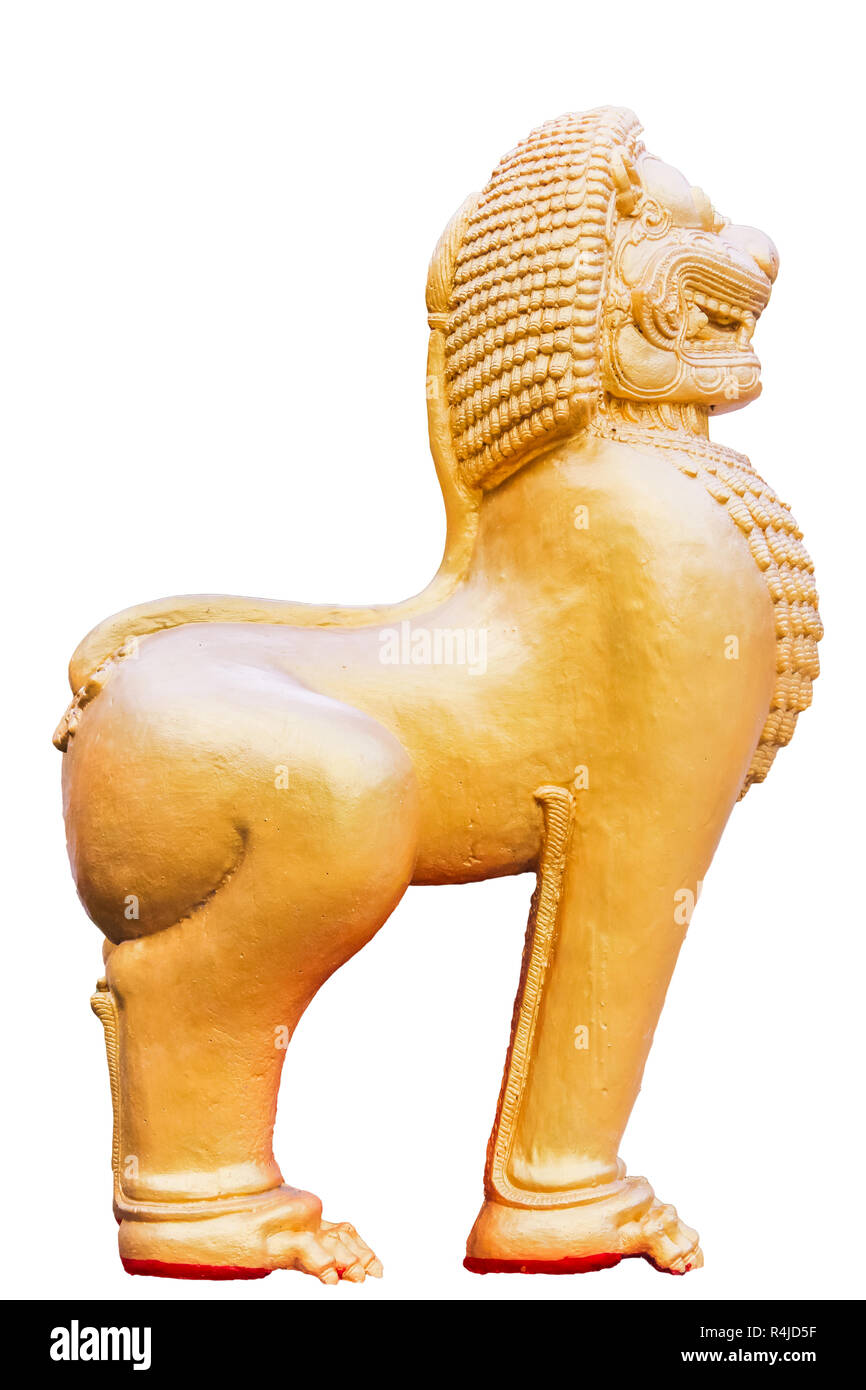 Singha scultura, vista laterale, isolato su sfondo bianco Foto Stock