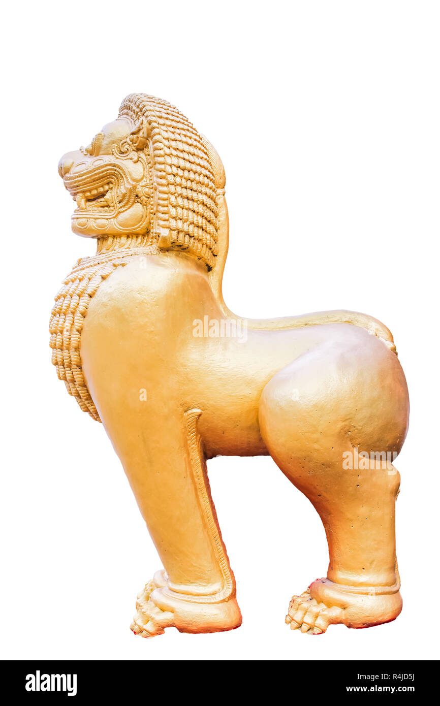 Singha scultura, vista laterale, isolato su sfondo bianco Foto Stock