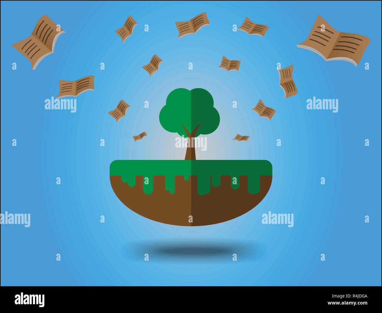 Libri battenti dal grande albero. Concetto di risparmio energetico per la giornata della terra Illustrazione Vettoriale