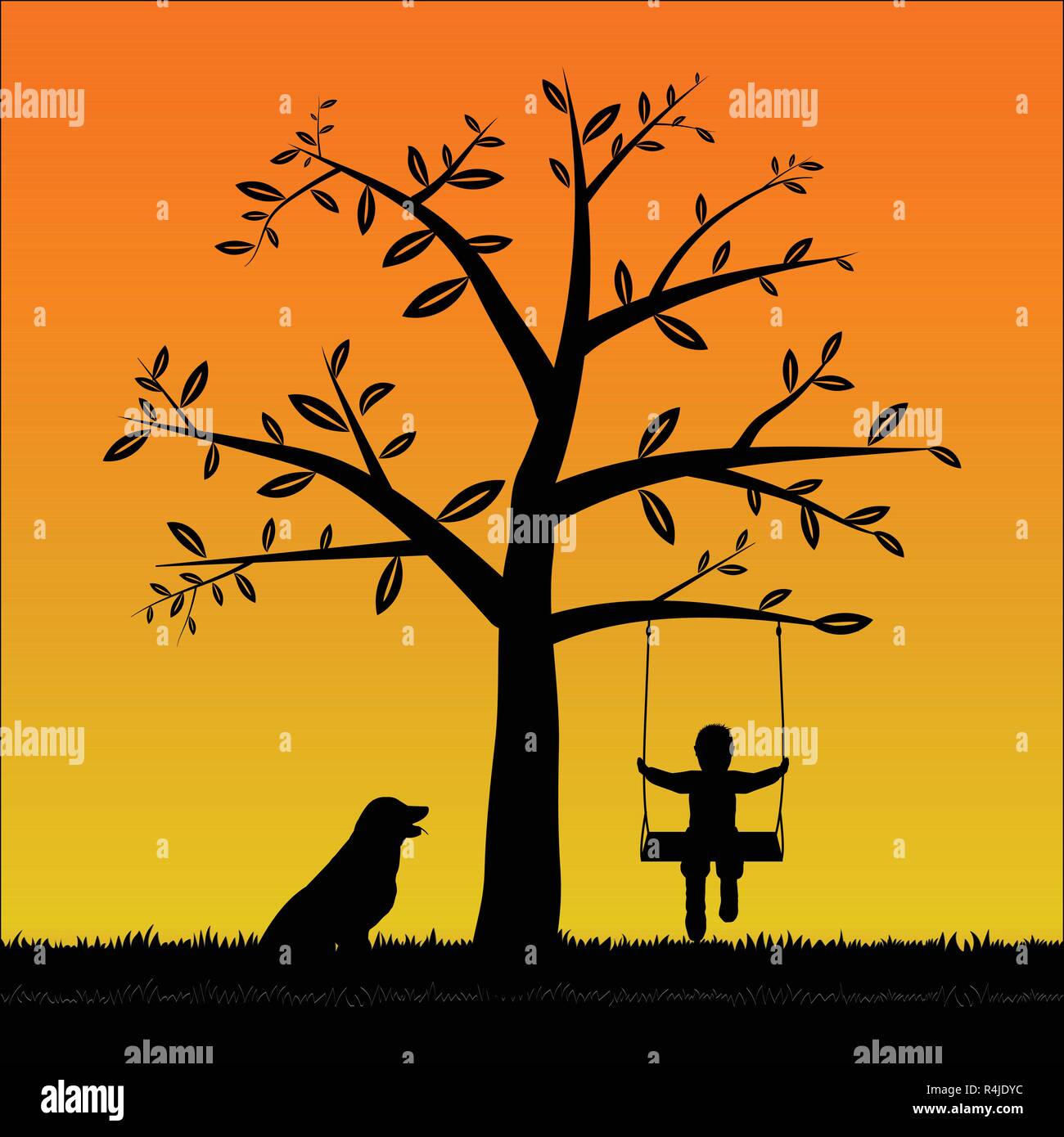 Silhouette ragazzo in oscillazione con il suo cane Illustrazione Vettoriale