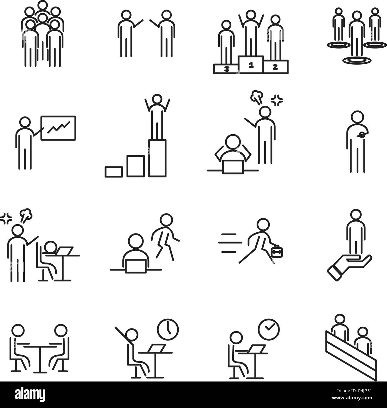 Persone in luoghi di lavoro linea sottile Imposta icona vettore. Ufficio di gestione e di concetto. Segno e simbolo del tema. Bianco sfondo isolato. Illustrazione Vettore. Illustrazione Vettoriale
