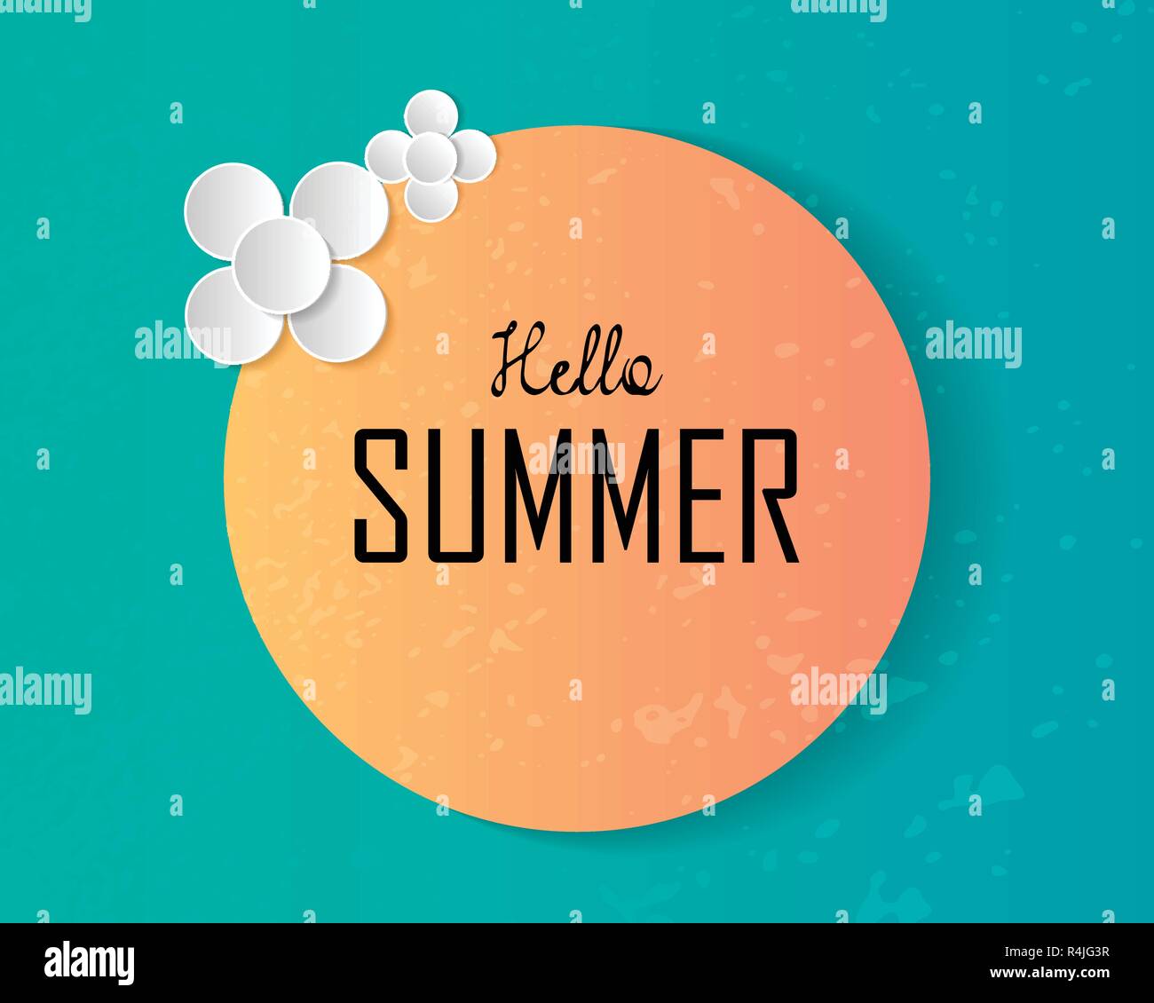 Ciao estate testo sul grande sole e carta decorata arte fiori sul profondo blu del mare sullo sfondo. Illustrazione Vettoriale. Vacanza e concetto di spiaggia. La natura Illustrazione Vettoriale