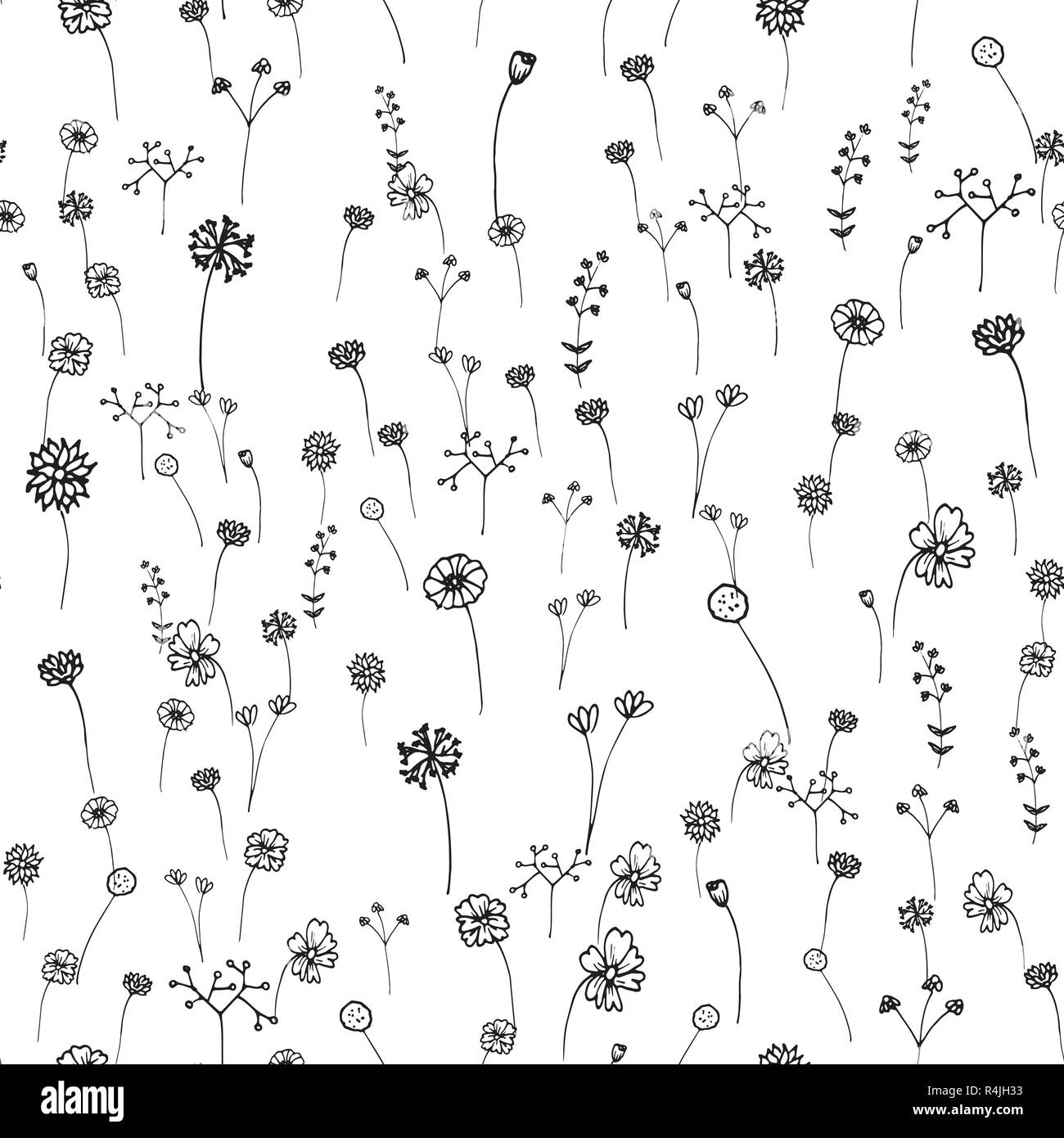 Fiori Seamless pattern. Disegnato a mano corsa contorno . Arte e concetto astratto. Motivi floreali e natura tema. Linea sottile sketch. Illustrazione Vettoriale. Isolat Illustrazione Vettoriale