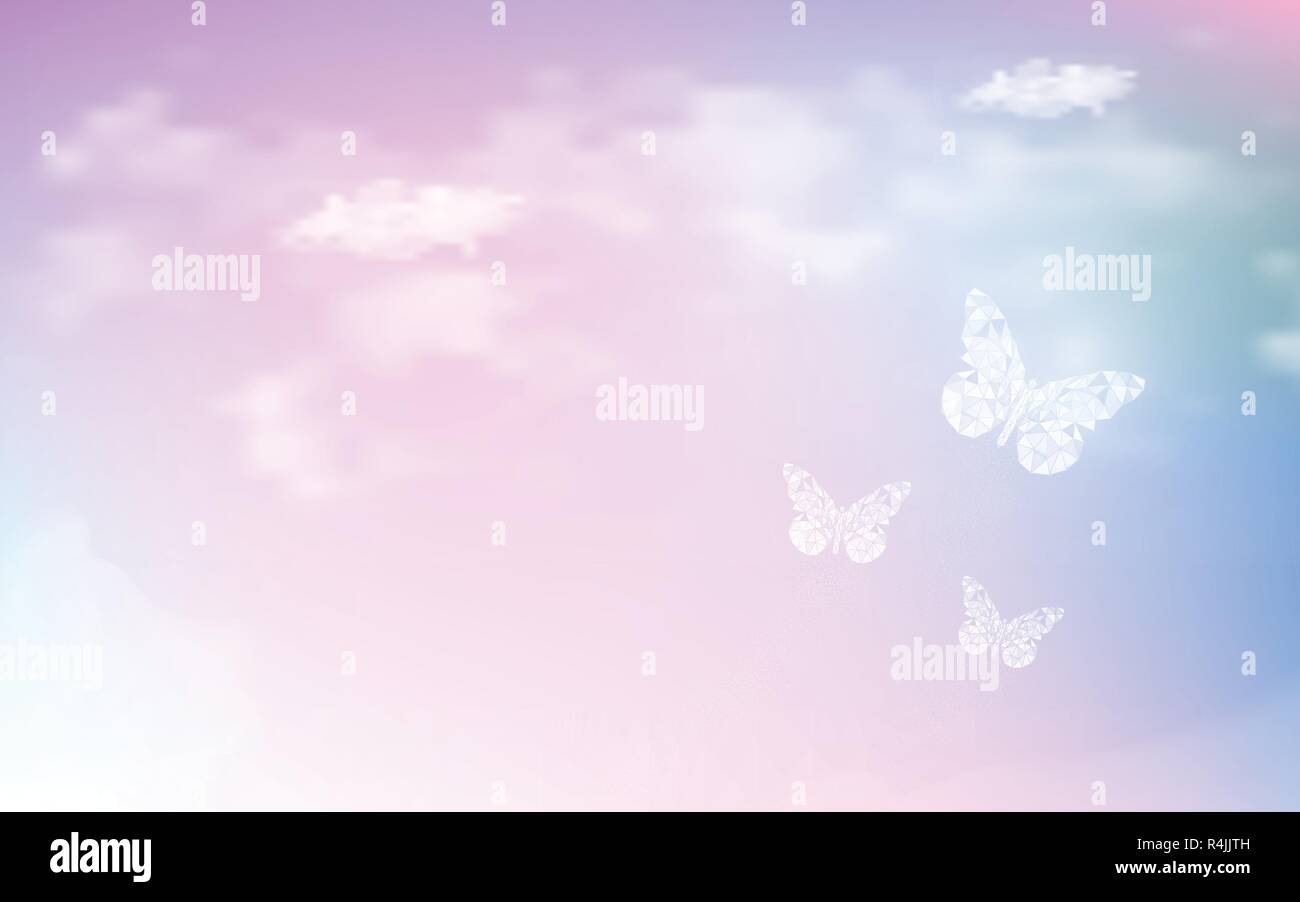 La fantasia sognando il cielo con bassa poli farfalle in colori pastello dello sfondo. Ologramma cielo arcobaleno e magic cloudscape colorato sfondo. Illustrazione Vettoriale