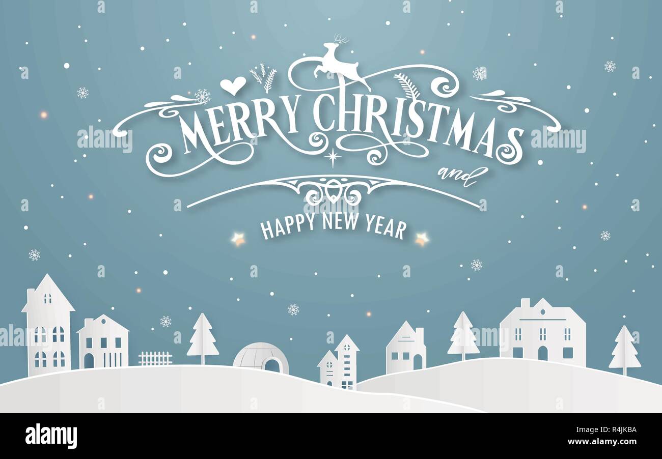 Buon Natale e Felice Anno Nuovo di snowy casa di città con la tipografia messaggio font inverno sfondo blu colore pastello. La carta di arte e artigianato digitale Illustrazione Vettoriale