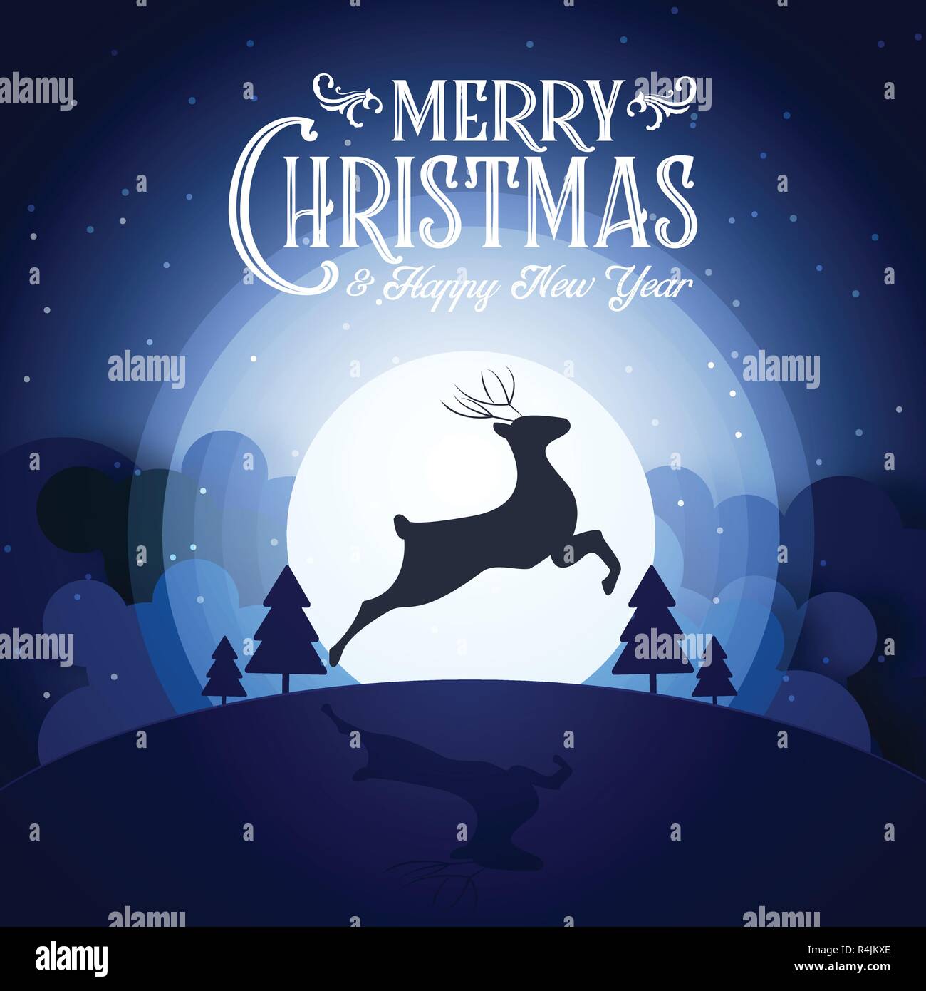Buon Natale snowy notte e felice anno nuovo festa di fine anno parte silhouette cervi e testo blu decorazione di calligrafia greeting card abstract wal Illustrazione Vettoriale