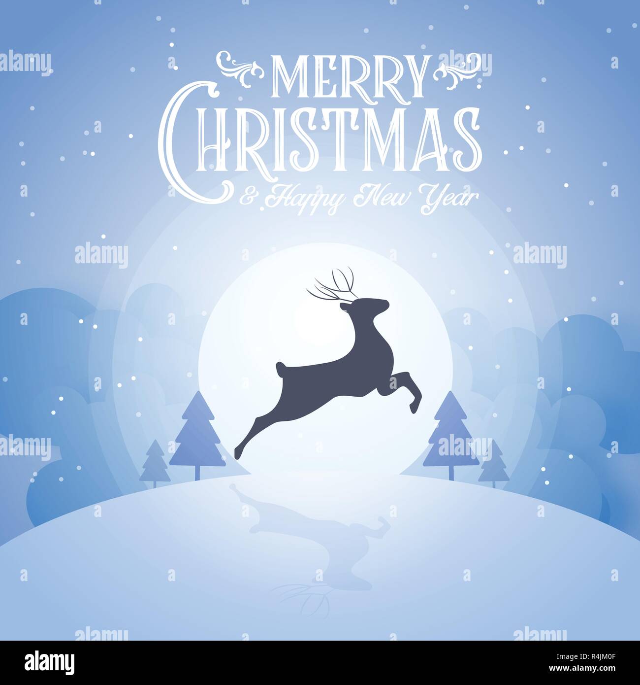 Buon Natale snowy notte e felice anno nuovo festa di fine anno parte silhouette cervi e testo blu decorazione di calligrafia greeting card abstract wal Illustrazione Vettoriale