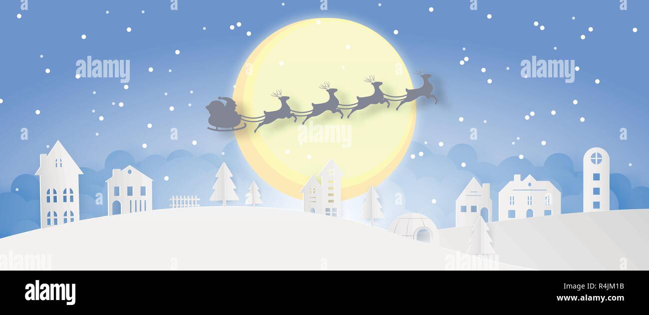 Buon Natale città nevoso giorno notte e felice anno nuovo blu festival natalizio di fine anno parte silhouette Santa Claus e cervi decorazione greeting card abs Illustrazione Vettoriale