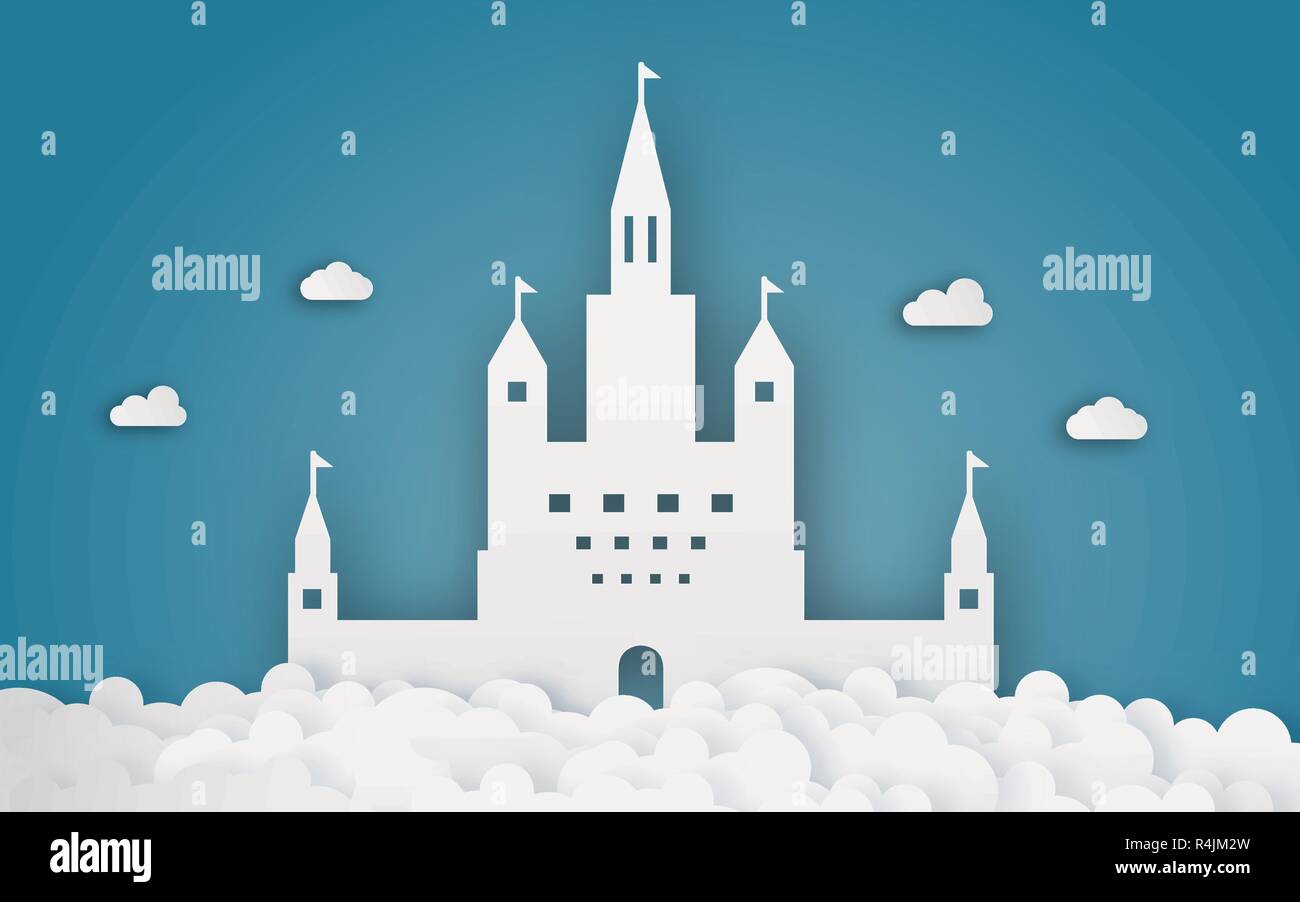 Il castello di Sky su cloud papercraft. Abstract e fantasia tema sfondo. Artigianato digitale e origami concetto. Illustrazione Vettoriale