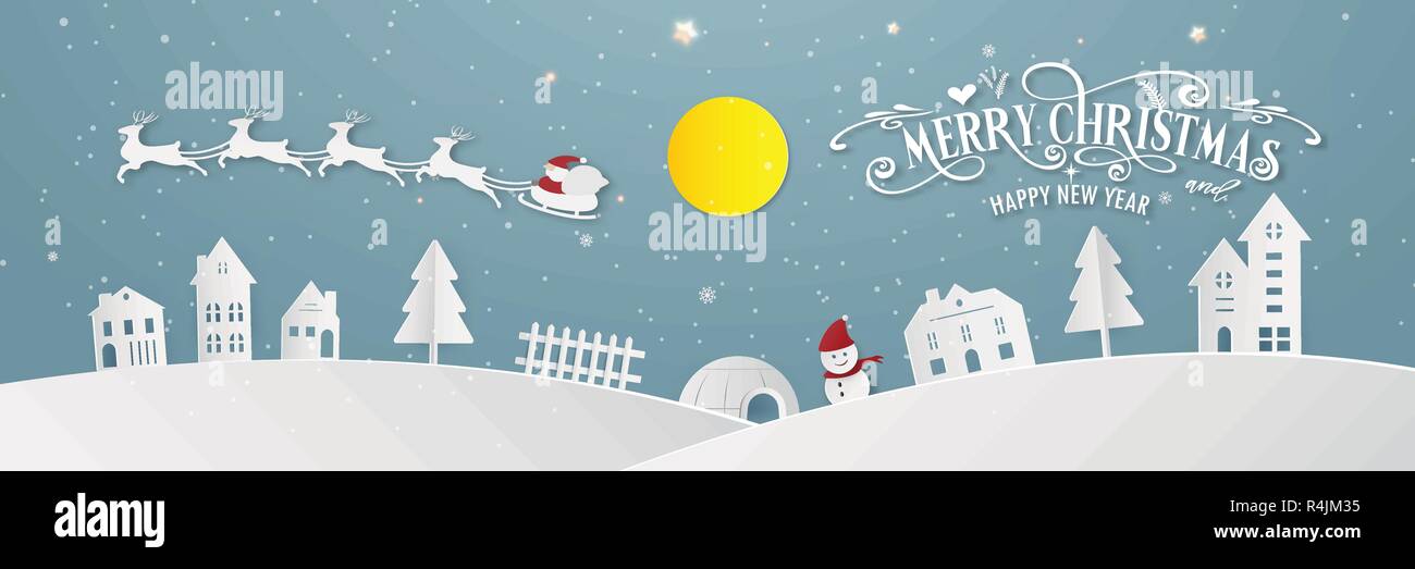 Buon Natale città nevoso giorno notte e felice anno nuovo blu festival natalizio di fine anno parte silhouette Santa Claus e cervi decorazione greeting card abs Illustrazione Vettoriale