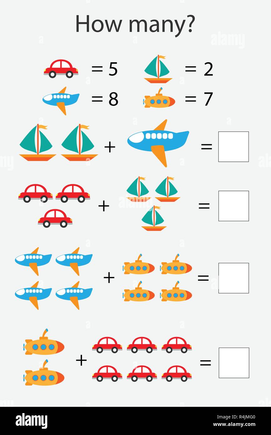 Come molti gioco di conteggio con il trasporto per i bambini, istruzione matematica task per lo sviluppo del pensiero logico, foglio di lavoro in età prescolare attività, un conteggio Illustrazione Vettoriale