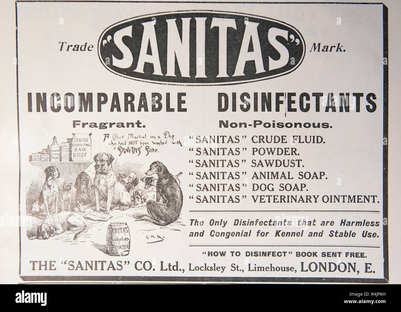 Un vecchio annuncio per Sanitas incomparabile di disinfettanti. Da un vecchio rivista britannica dal periodo 1914-1918. Foto Stock