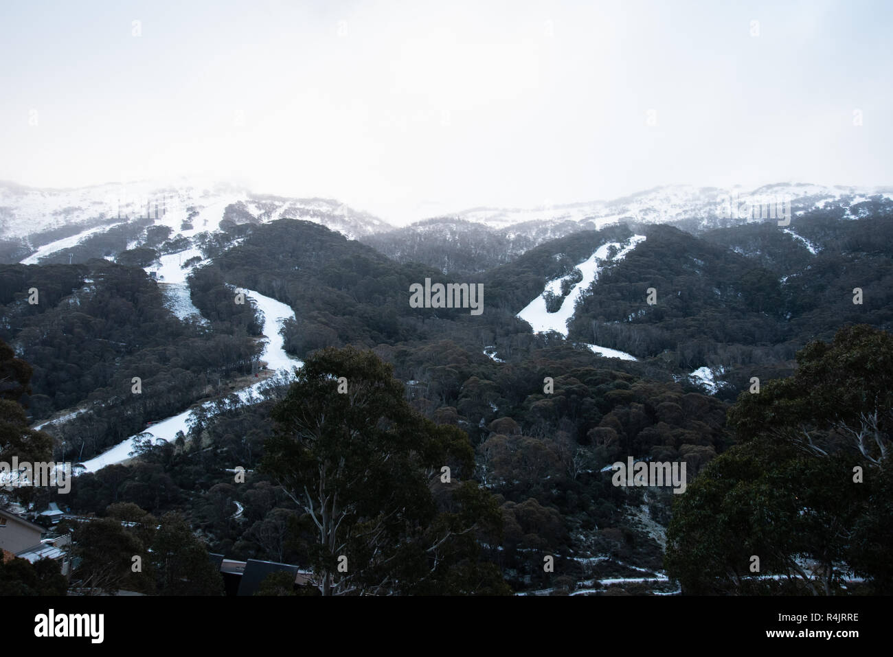 La vista della coperta di neve Mount Kosciuszko a Thredbo Foto Stock