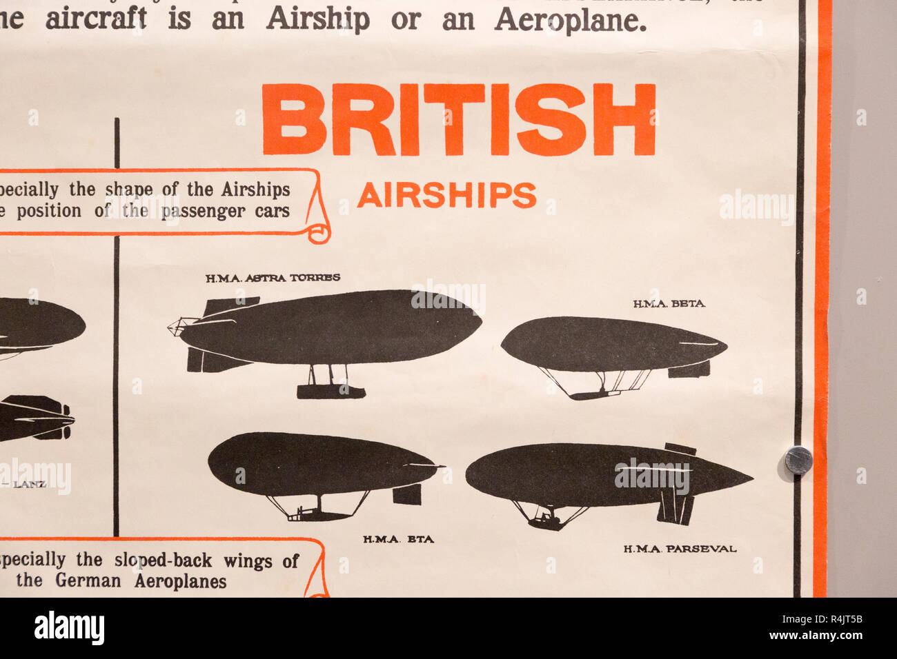 Poster di identificazione per l'esercito britannico dirigibili militari della Prima Guerra Mondiale, Radstock Museum, Somerset, Inghilterra, Regno Unito Foto Stock