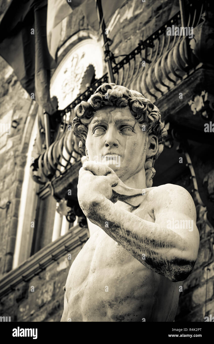 Testa del David di Michelangelo, famosa statua in Italia in bianco e nero Foto Stock