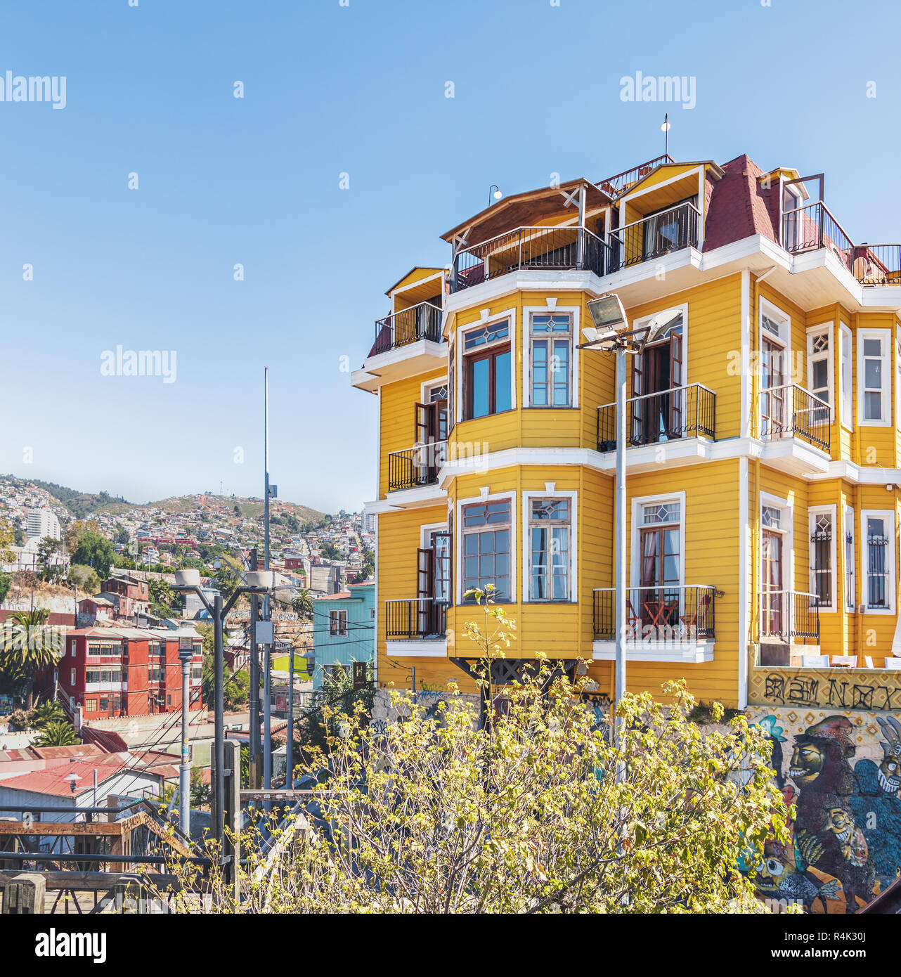 Vista aerea di Valparaiso al Paseo Dimalow a Cerro Alegre Hill - Valparaiso, Cile Foto Stock