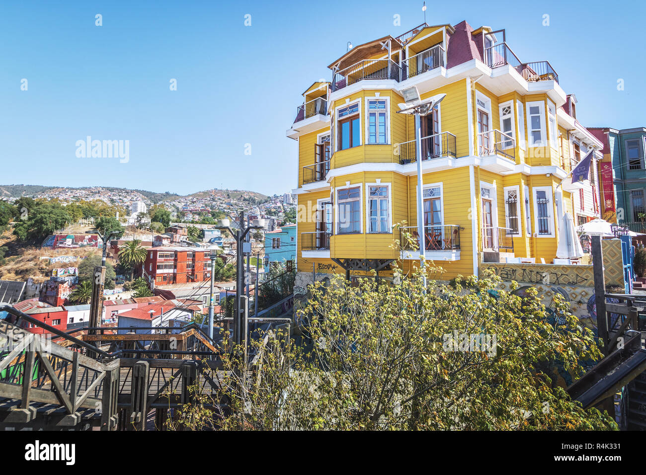 Vista aerea di Valparaiso al Paseo Dimalow a Cerro Alegre Hill - Valparaiso, Cile Foto Stock