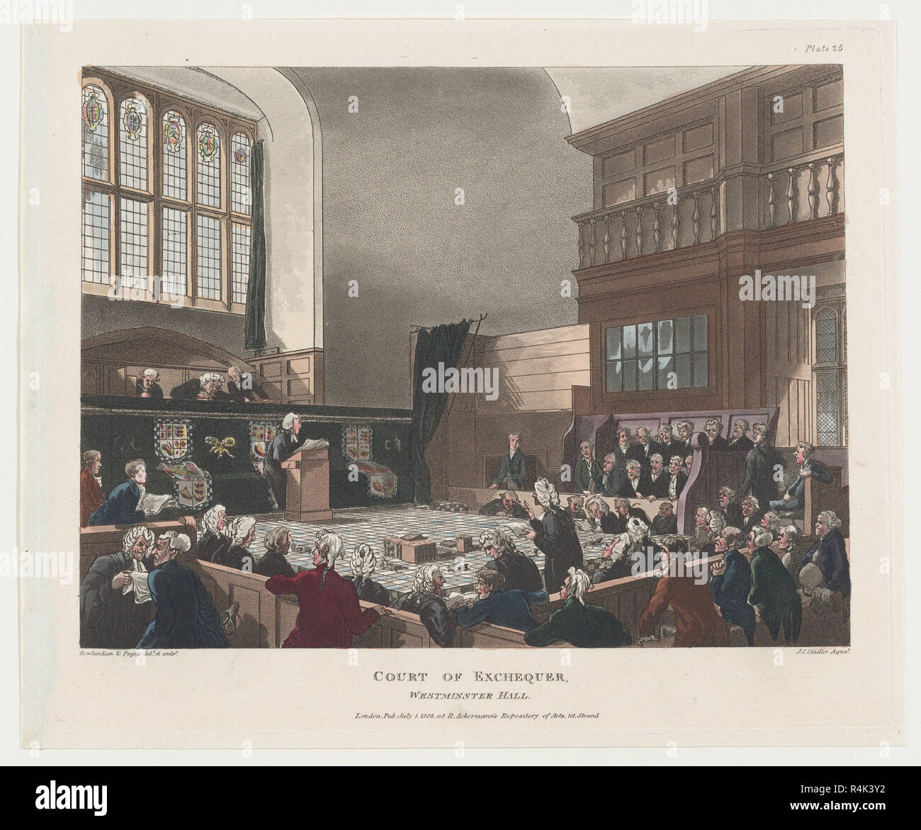 Corte di Exchequer, Westminster Hall (microcosmo di Londra, la piastra 25). Artista: progettato e inciso da Thomas Rowlandson (British, Londra Londra 1757-1827); progettato e inciso da Auguste Charles Pugin (britannico nato (Francia), Paris 1768/69-1832 Londra); Acquatinta da Giuseppe Costantino Stadler (tedesco, attivo a Londra, 1780-1822). Dimensioni: foglio: 9 3/4 × 11 7/8 in. (24,8 × 30,1 cm) Piastra: 9 3/8 × 11 3/8 in. (23,8 × 28,9 cm). Editore: Rudolph Ackermann, Londra (attivo 1794-1829). Serie/Portfolio: microcosmo di Londra. Data: 1808. Museo: Metropolitan Museum of Art di New York, Stati Uniti d'America. Foto Stock