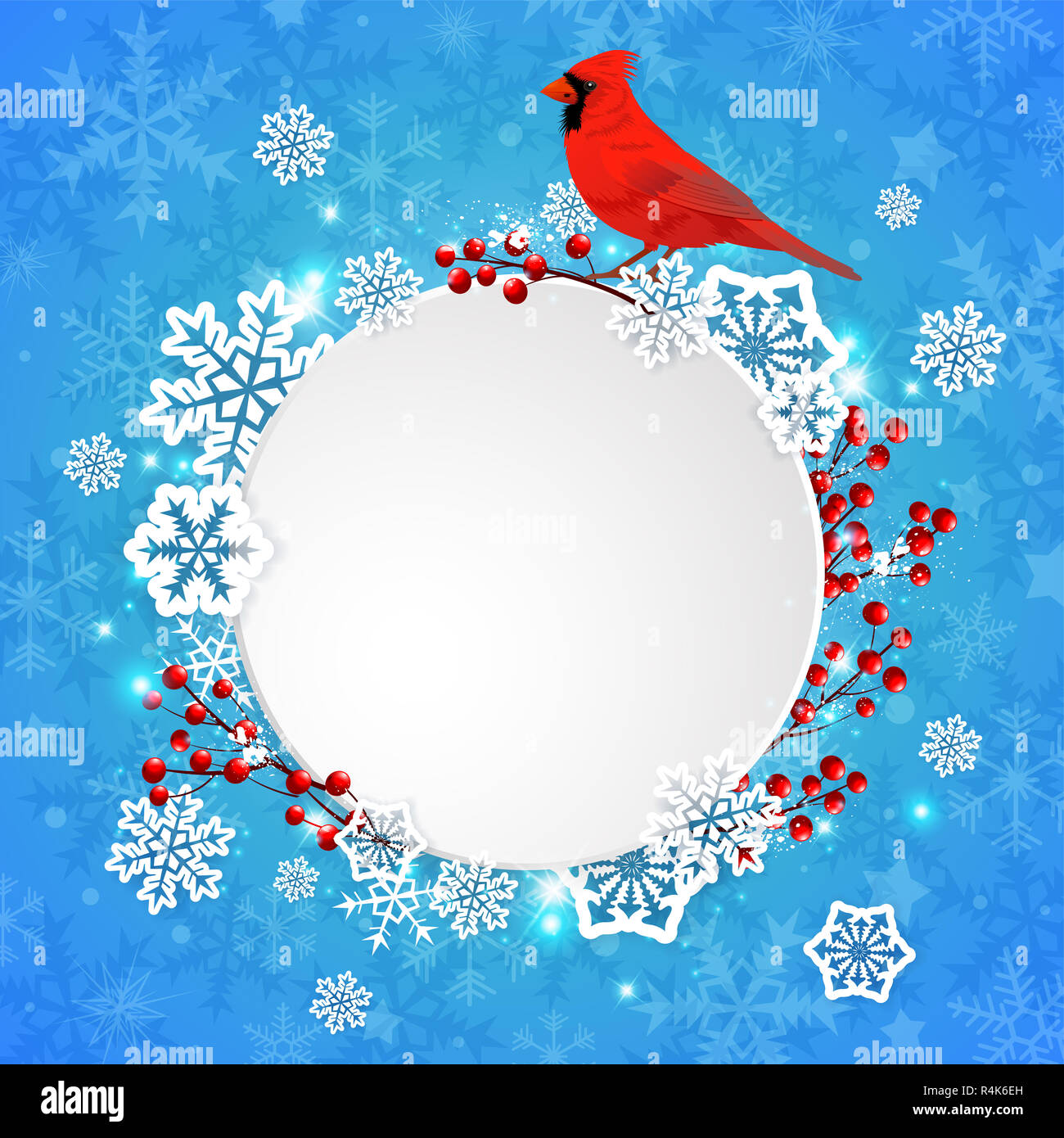 Banner di natale con il Libro bianco di fiocchi di neve e rosso cardinale bird su uno sfondo blu. Anno nuovo bigliettino. Foto Stock