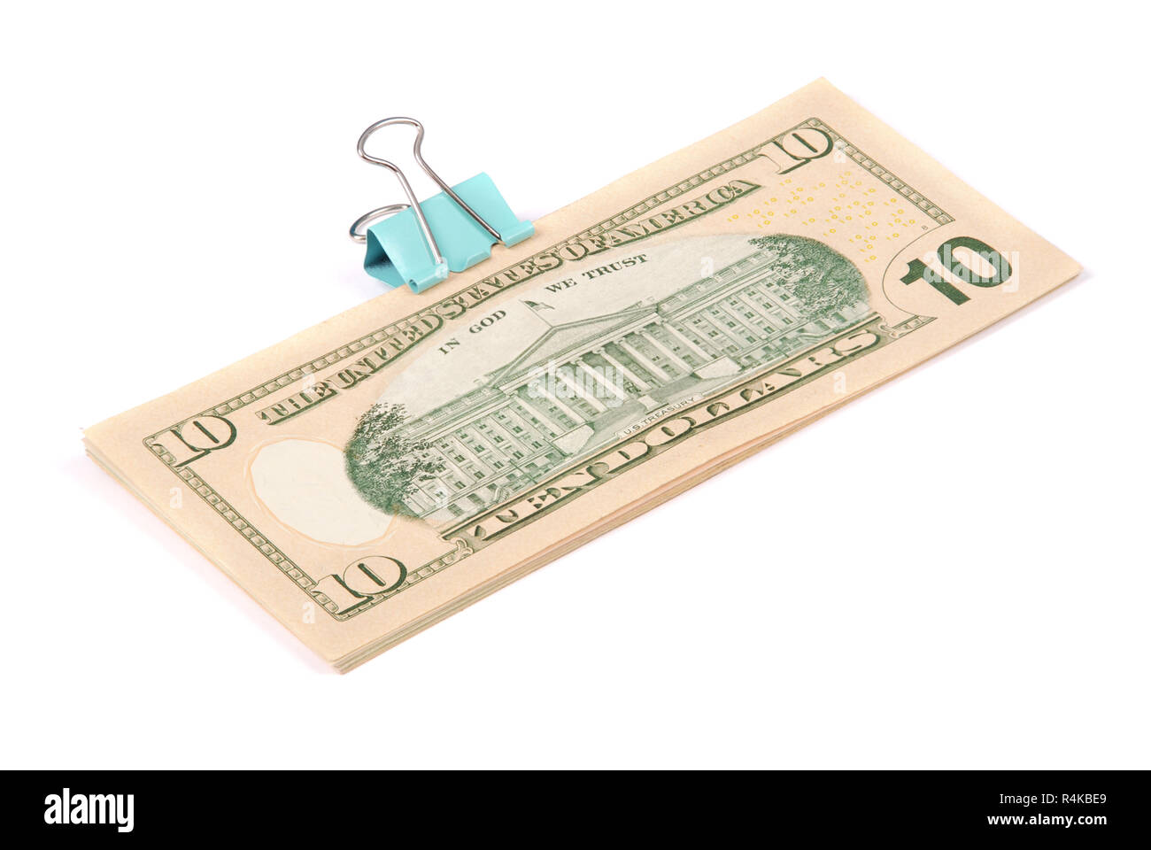 Mazzette di soldi dieci dollari isolati su sfondo bianco Foto Stock