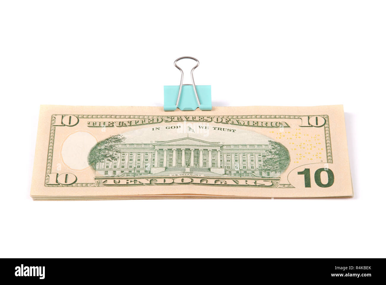 Mazzette di soldi dieci dollari isolati su sfondo bianco Foto Stock