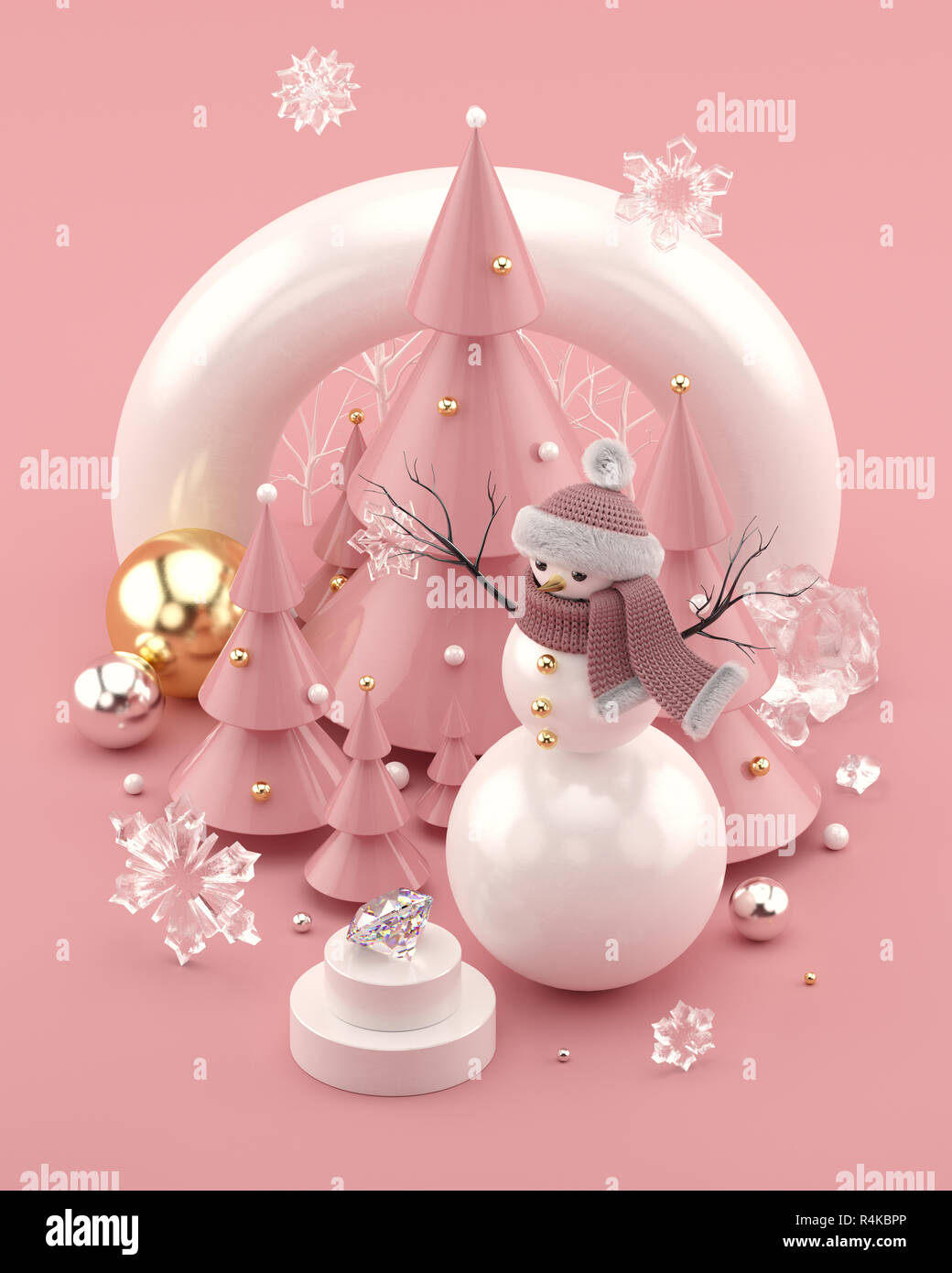 Rose Gold 3D illustrazione con pupazzo di neve e decorato di alberi di Natale. Foto Stock