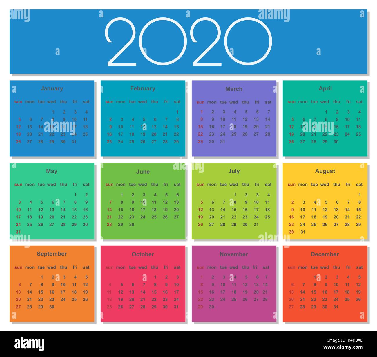 Colorato 2020 Calendario. Semplice template vettoriale. Illustrazione  isolato Immagine e Vettoriale - Alamy