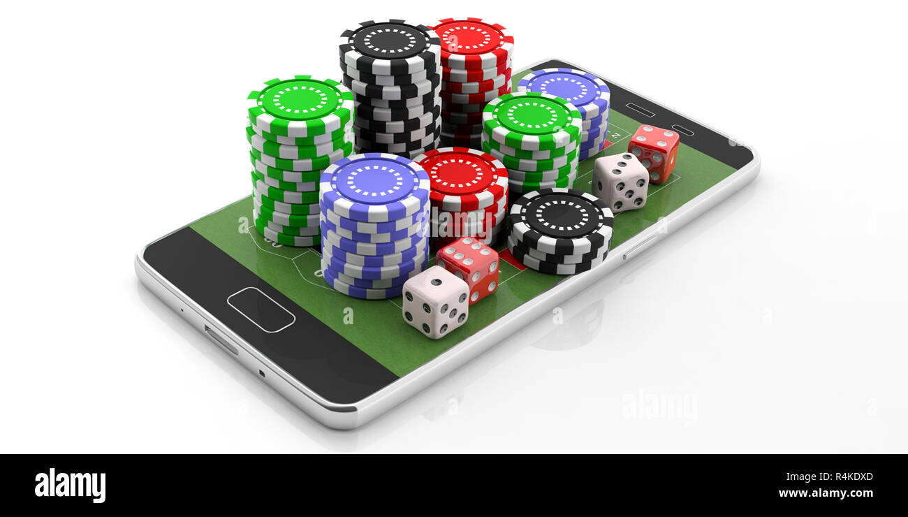 Online casino, concetto di scommesse. Poker chips e dadi su uno smartphone,  isolato su sfondo bianco. 3d illustrazione Foto stock - Alamy