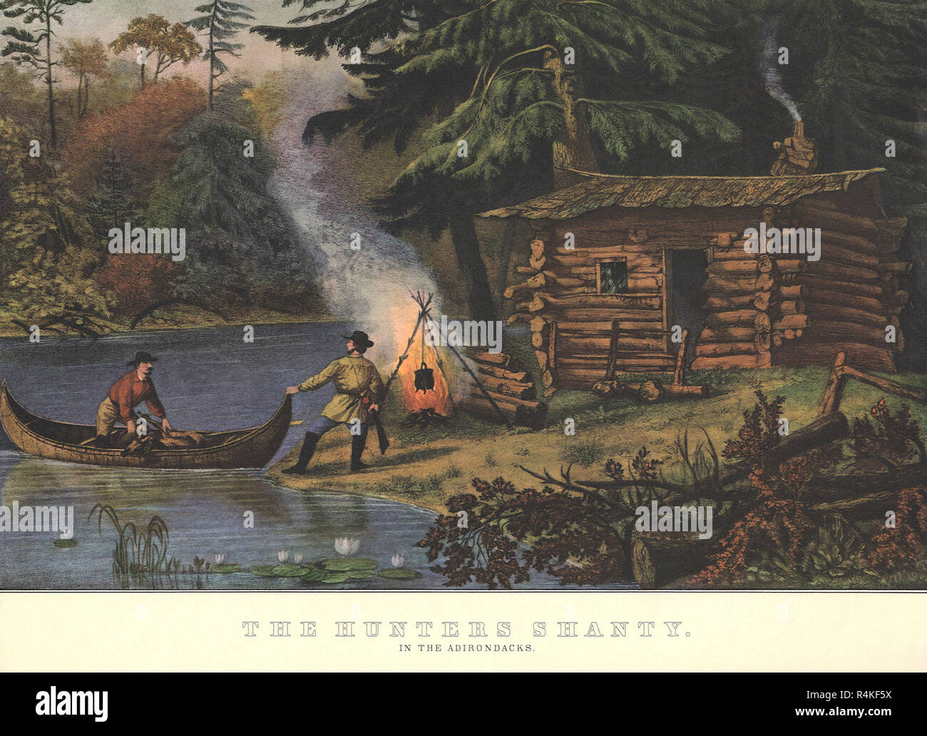 Due cacciatori dalla cabina, Currier, Nathaniel & Ives, marmellata. Foto Stock
