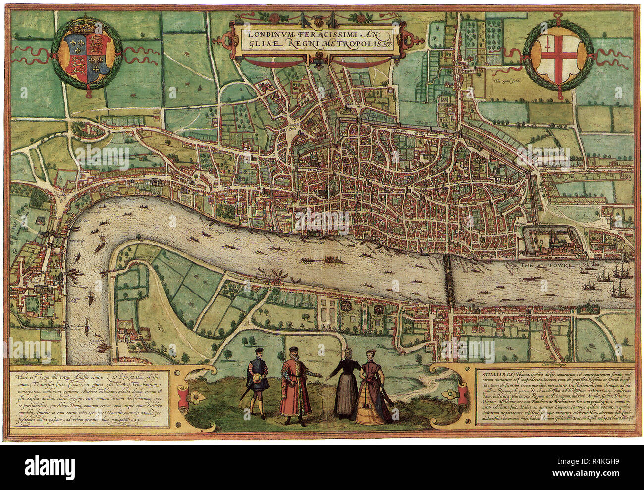 Antica Mappa di Londra 1572, Georg Braun e Frans Hogenber. Foto Stock