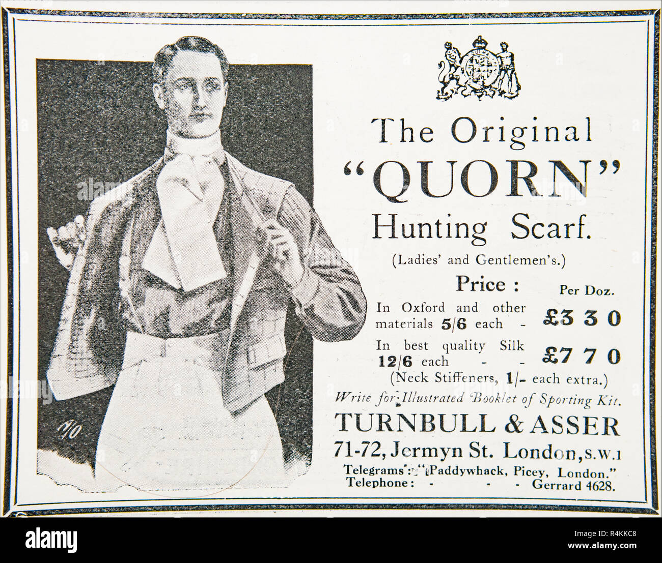 Un vecchio annuncio per Turnbull & Asser Quorn caccia sciarpa. Da un vecchio rivista britannica dal periodo 1914-1919. Foto Stock